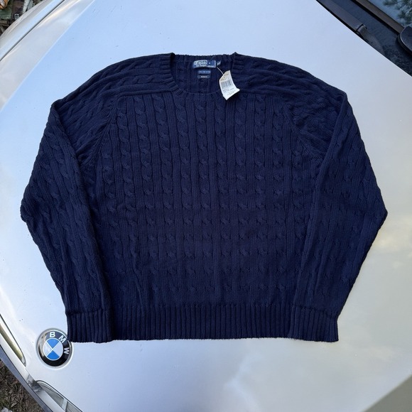 Vintag Polo Ralph Lauren Cable Knit Pima Cotton Navy Sweater Men's XXL Heavy NWT
